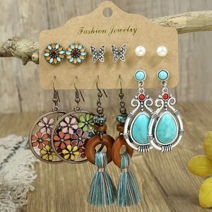 Boho turquoise bronze tassel pearl butterfly earring bundle set